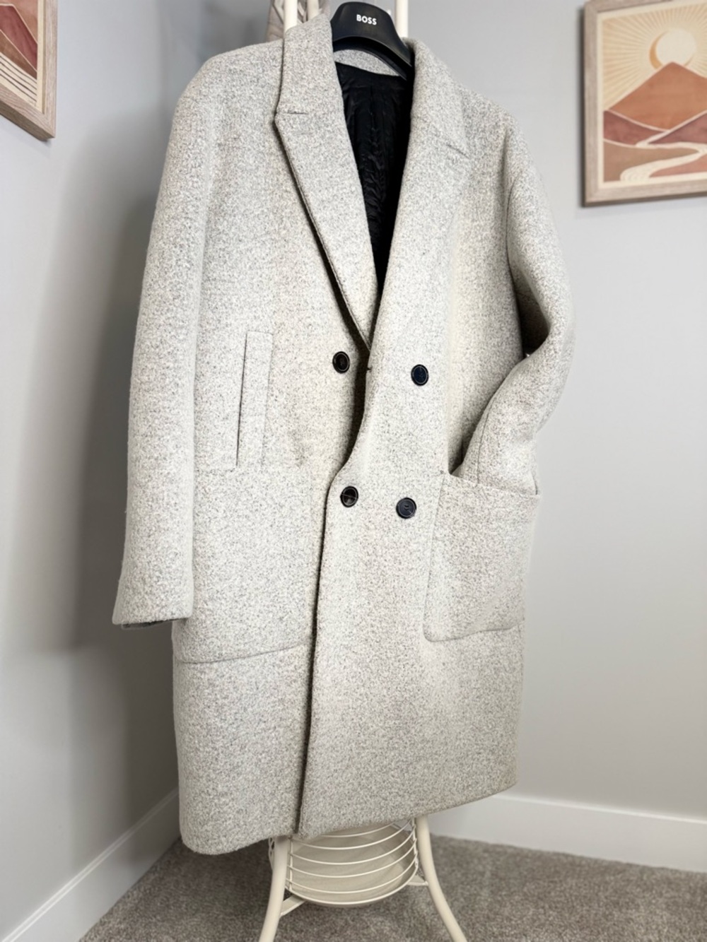 PLAC KOREA Men's Double-Breasted Cream Wool Coat
